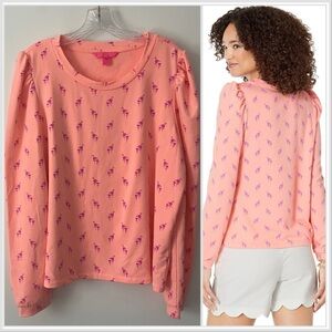 Lilly Pulitzer Jansen Sweatshirt Peach Hyacinth Pink Flamingo Puff Sleeve XL